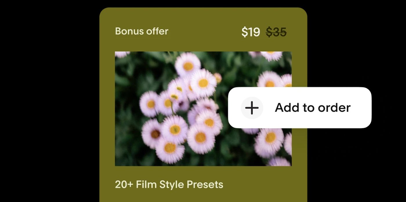 Flodesk Checkout upsell example with a bonus offer and Add to order button