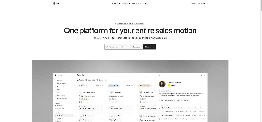 folk CRM homepage headline One platform for your entire sales motion above a pipeline board and a contact profile with a relation summary