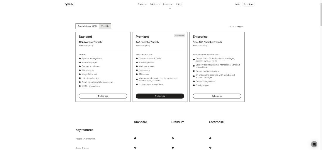 folk CRM pricing page with annual billing showing Standard at 24 dollars, Premium at 48 dollars and Enterprise from 80 dollars per member per month