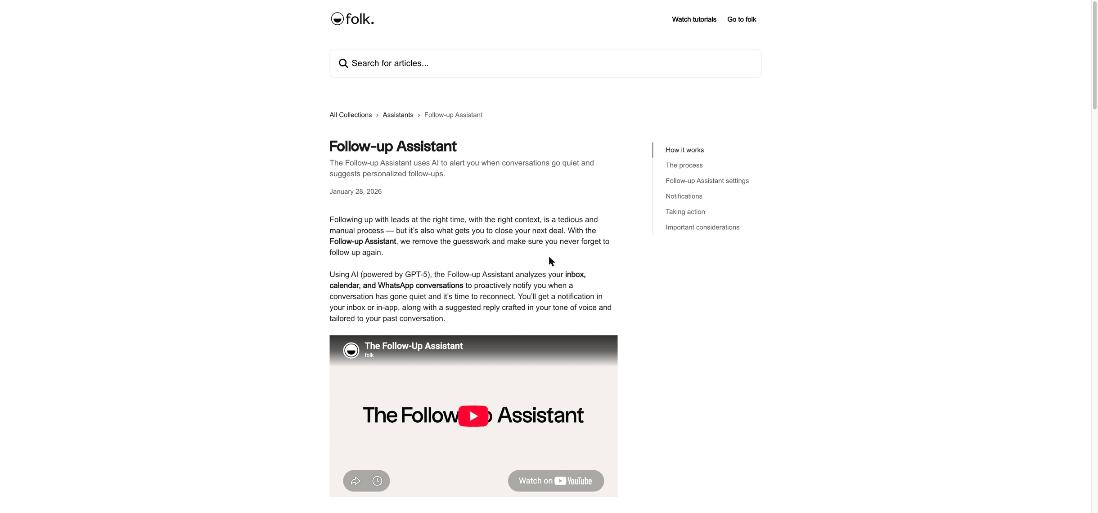 folk help center article on the Follow-up Assistant explaining how it alerts you when conversations go quiet