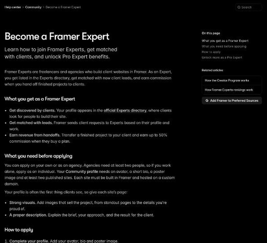 Framer help article explaining how to become a Framer Expert and what you need before applying