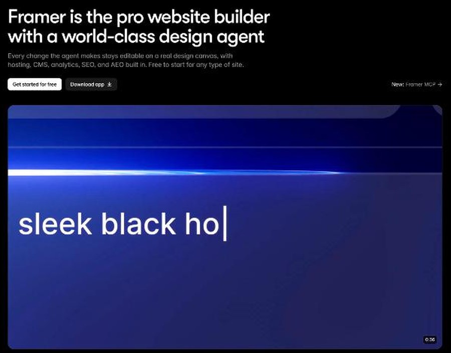 Framer homepage describing it as a pro website builder with a design agent