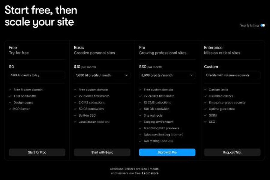 Framer pricing page with yearly billing showing Free, Basic at 10 dollars, Pro at 30 dollars and Enterprise