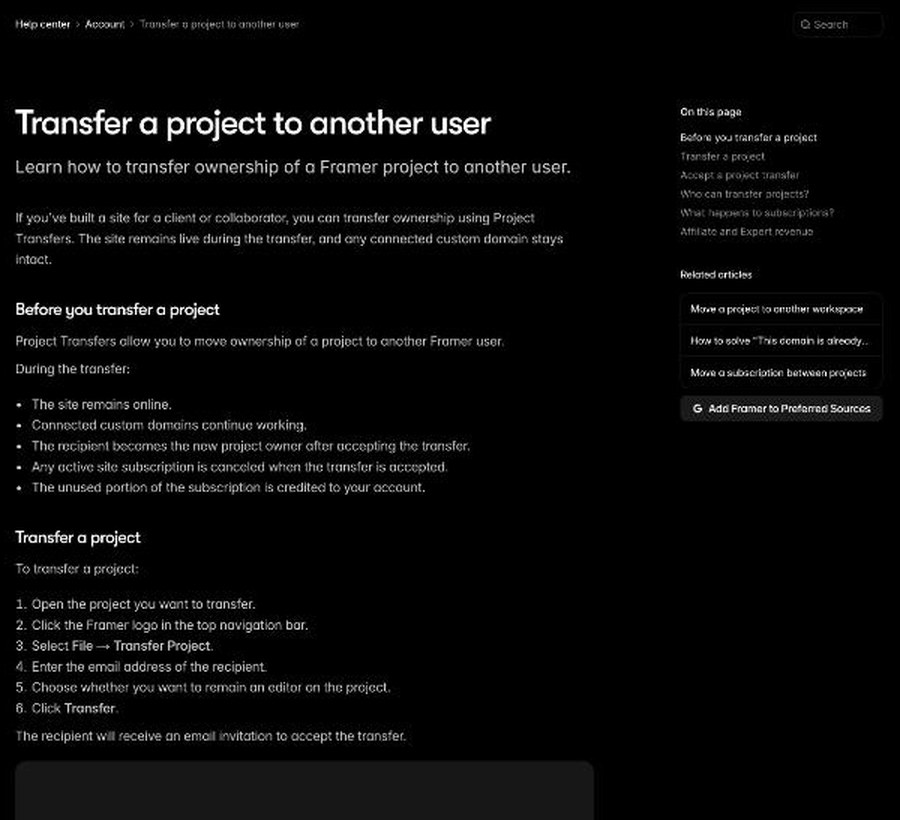 Framer help centre article explaining how to transfer a project to another user
