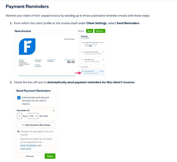FreshBooks help center steps for turning on automatic payment reminders in Client Settings