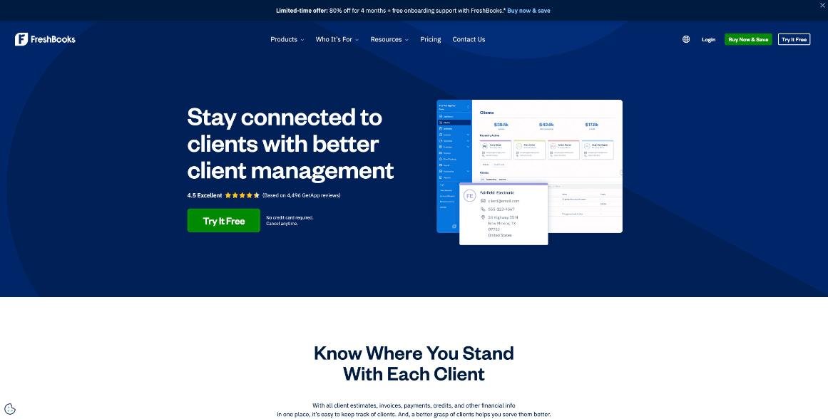 FreshBooks client management software page with client list and client profile