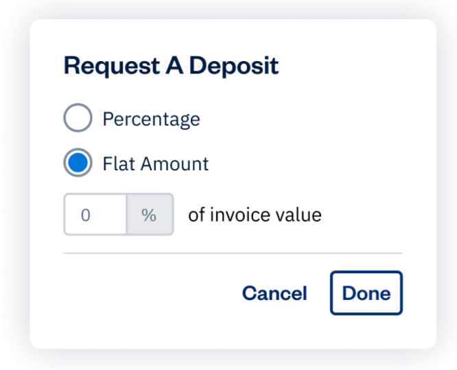 FreshBooks Request A Deposit dialog with percentage and flat amount options, image from FreshBooks