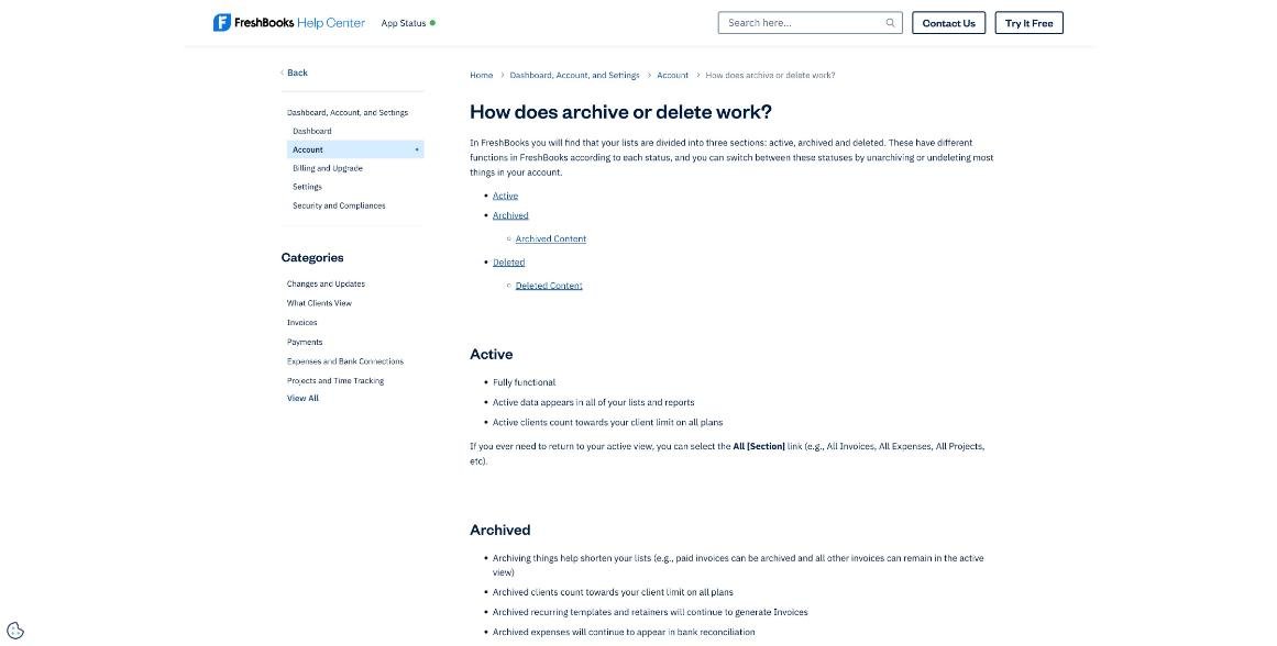 FreshBooks Help Center article How does archive or delete work explaining active and archived clients