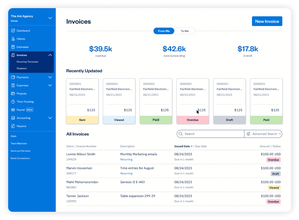 FreshBooks Invoices dashboard showing overdue, outstanding and paid invoices, image from FreshBooks