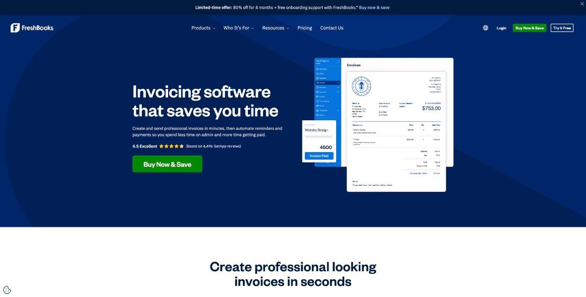 FreshBooks invoicing software page showing a sample invoice and paid status