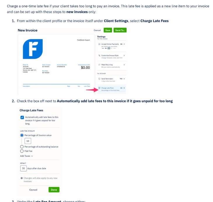 FreshBooks Charge Late Fees settings with percentage, outstanding balance and flat fee options