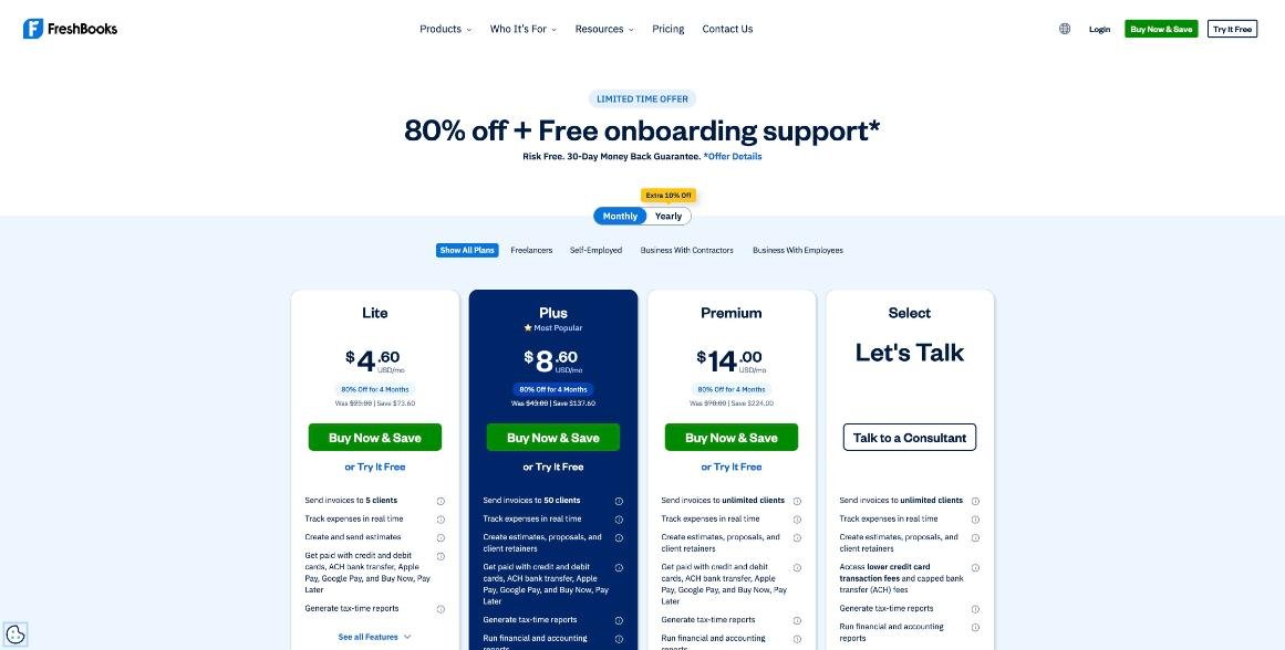 FreshBooks pricing page showing Lite, Plus, Premium and Select plans with client limits