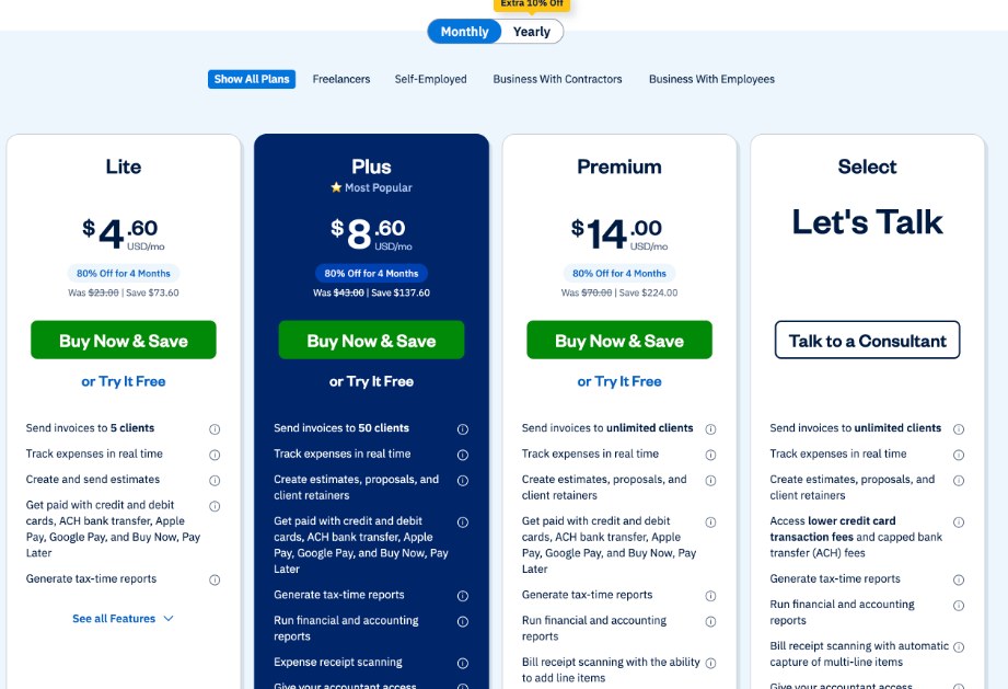 FreshBooks pricing page showing Lite, Plus, Premium and Select plans