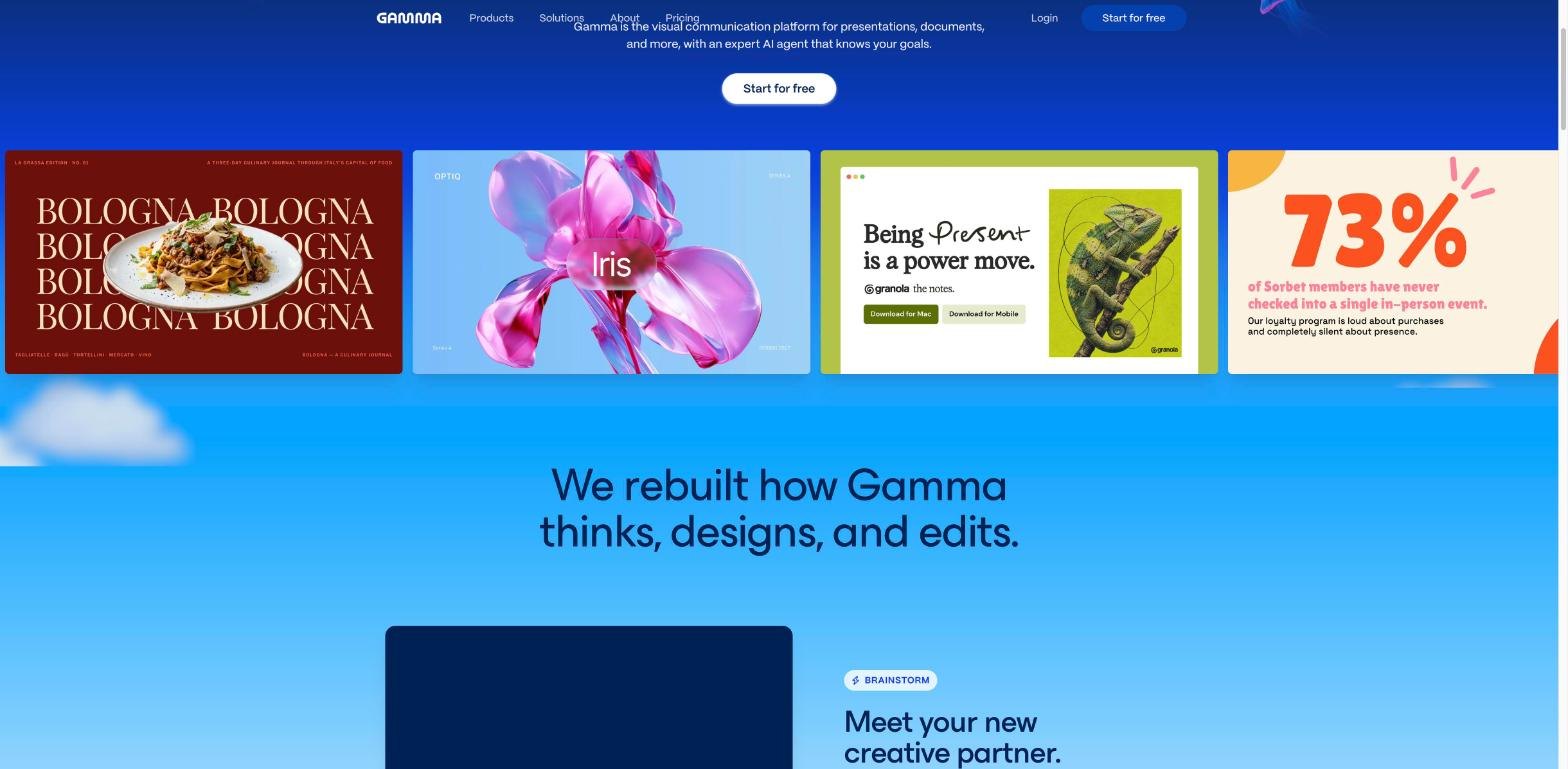 Gamma homepage showcase of AI-designed pages including a culinary journal layout, an abstract flower design, a product landing page and a bold statistic slide