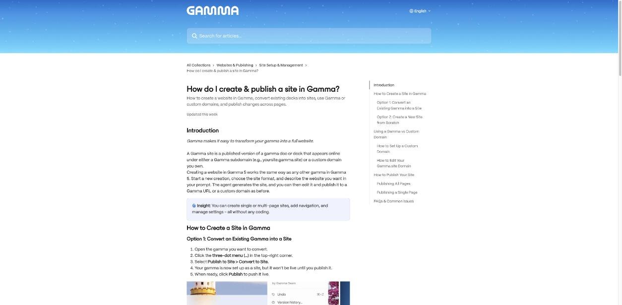 Gamma help center article How do I create and publish a site in Gamma, explaining gamma.site subdomains, custom domains and the steps to convert a gamma into a site