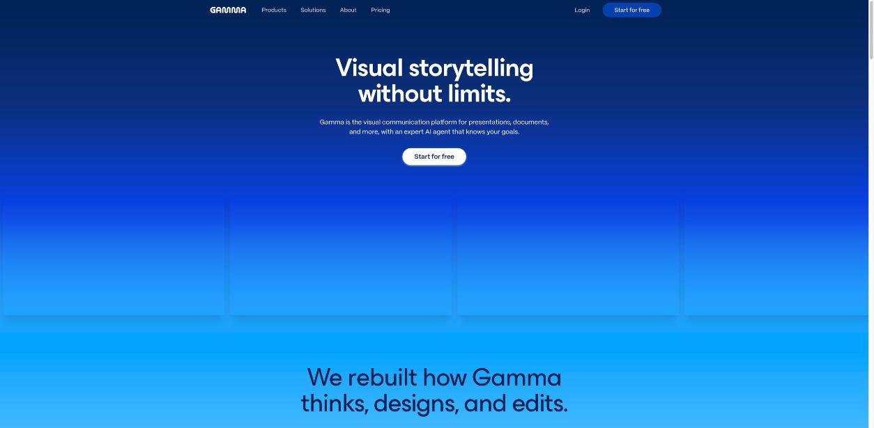 Gamma homepage with the headline Visual storytelling without limits and a Start for free button