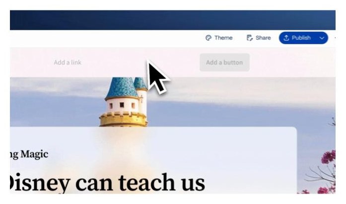 Gamma site editor toolbar with Theme, Share and a blue Publish button above a page being edited