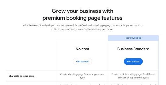 Google comparison of no-cost booking page versus Business Standard booking pages
