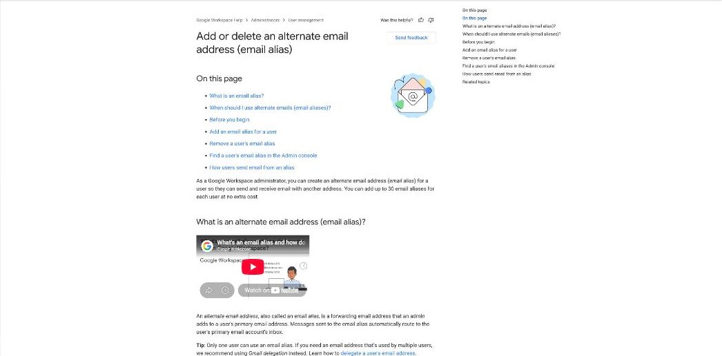 Google Workspace Help article on adding up to 30 email aliases per user