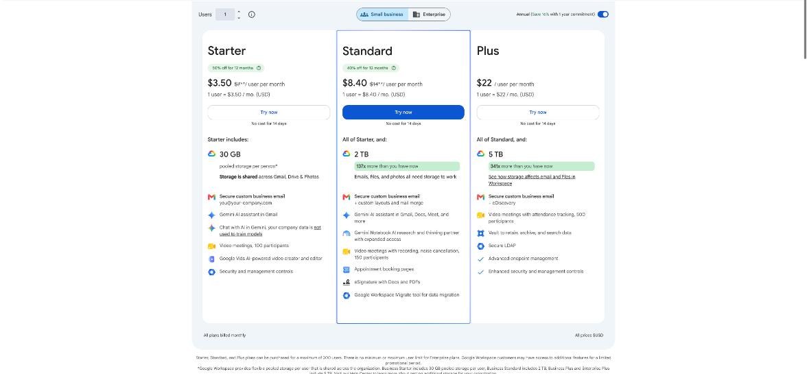 Google Workspace pricing page with Starter, Standard and Plus plans