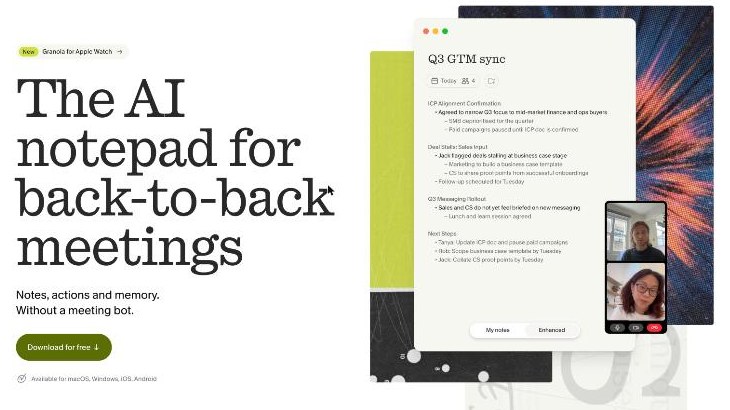 Granola notepad showing enhanced meeting notes with action items next to a video call