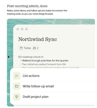 Granola post-meeting options to list actions, write a follow-up email and draft a project plan