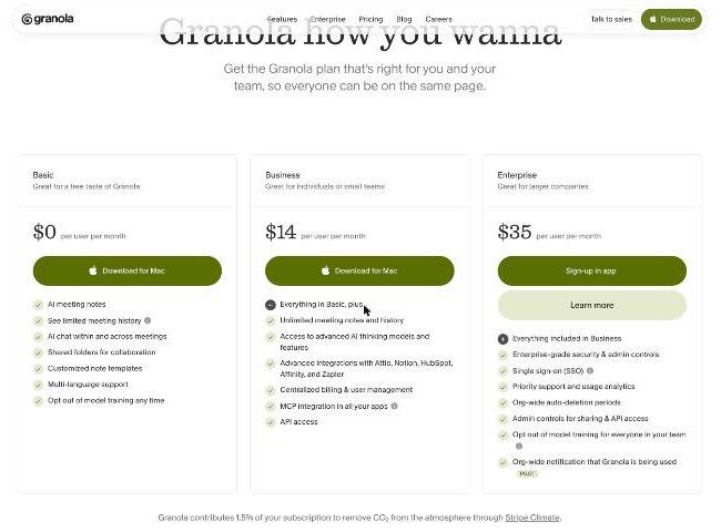 Granola pricing page with Basic, Business and Enterprise plans