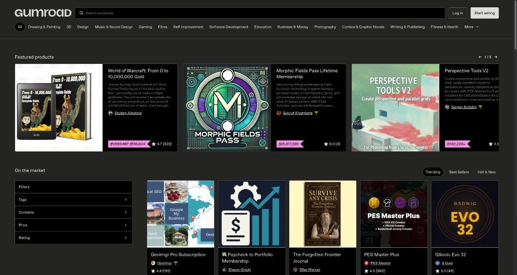 Gumroad Discover marketplace with featured digital products