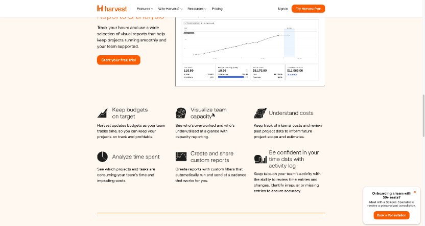 Harvest reports and analysis features including project budgets and time spent by task