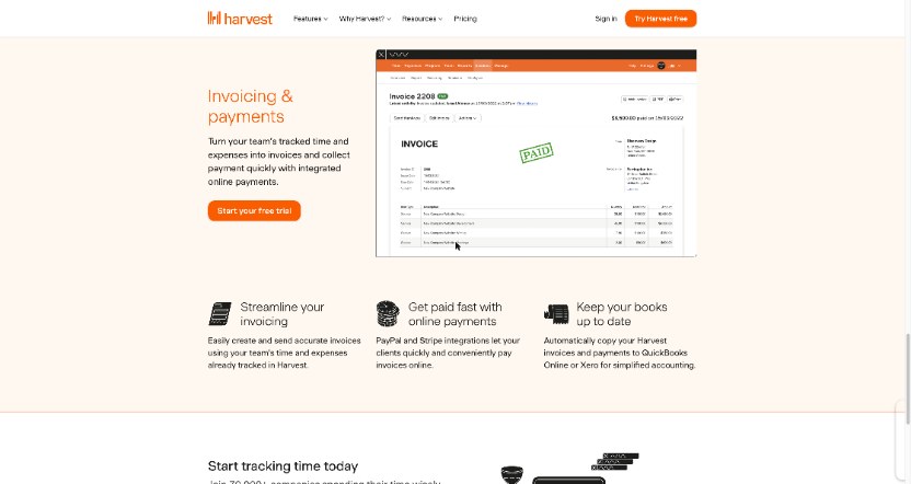 Harvest invoicing and payments features with a sample paid invoice created from tracked time