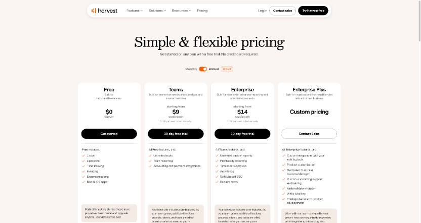 Harvest pricing page with Free, Teams, Enterprise and Enterprise Plus plans