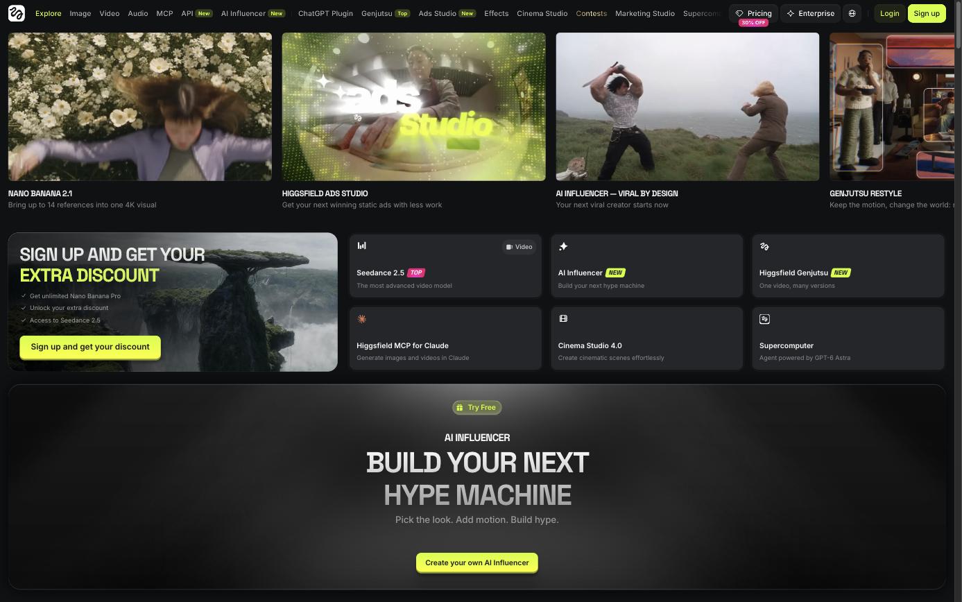 Higgsfield AI homepage showing Seedance 2.5, AI Influencer, Genjutsu, Cinema Studio 4.0 and Supercomputer