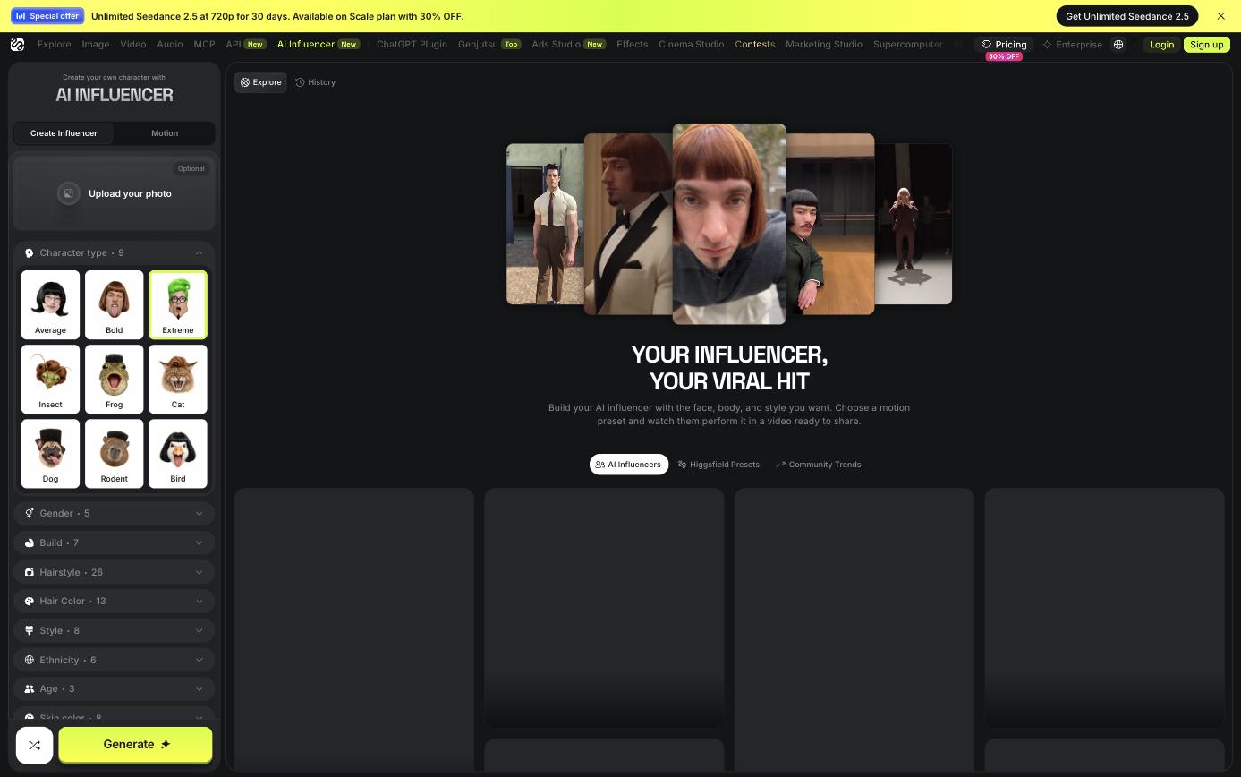 Higgsfield AI Influencer character builder