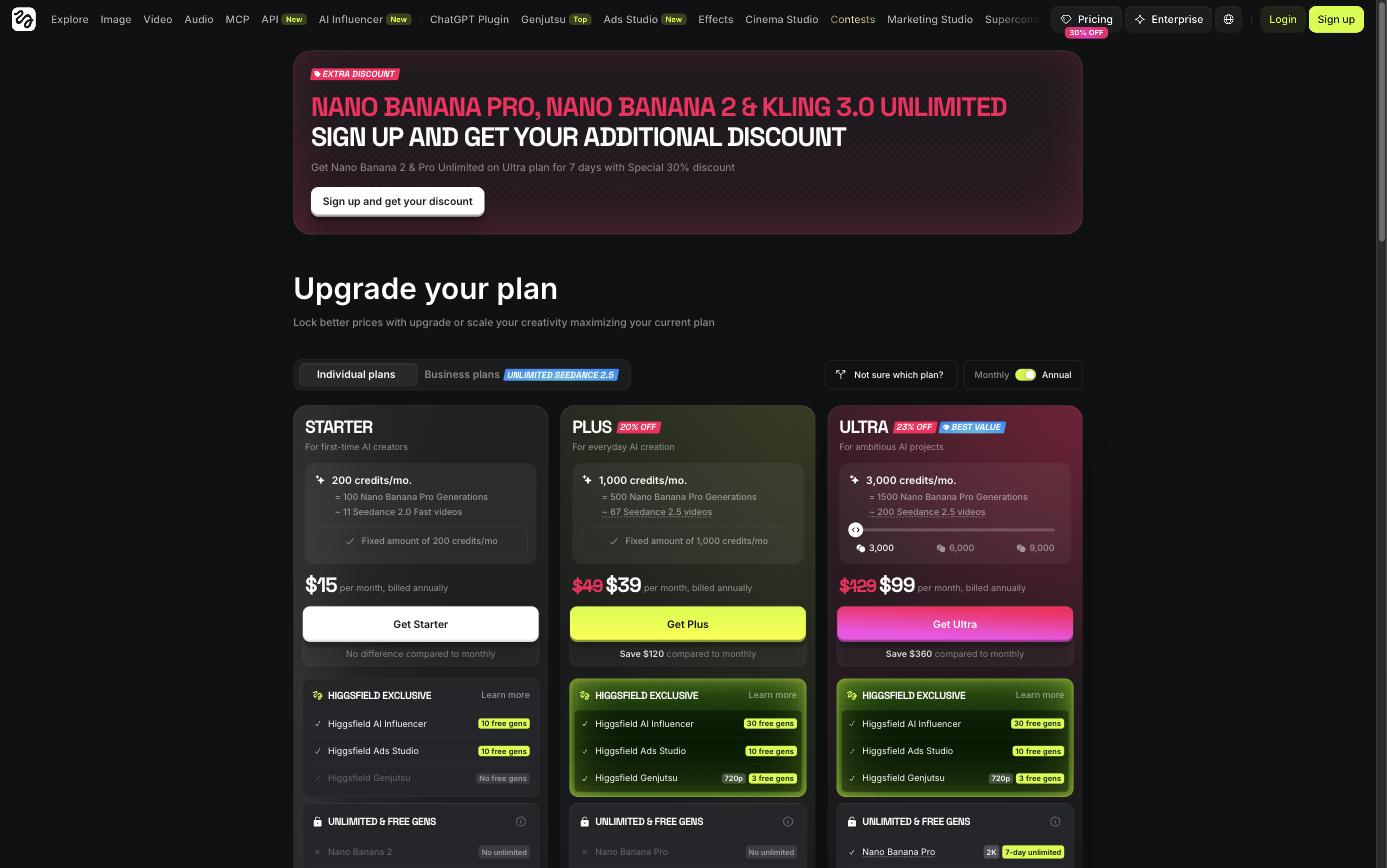 Higgsfield AI pricing plans: Starter, Plus and Ultra