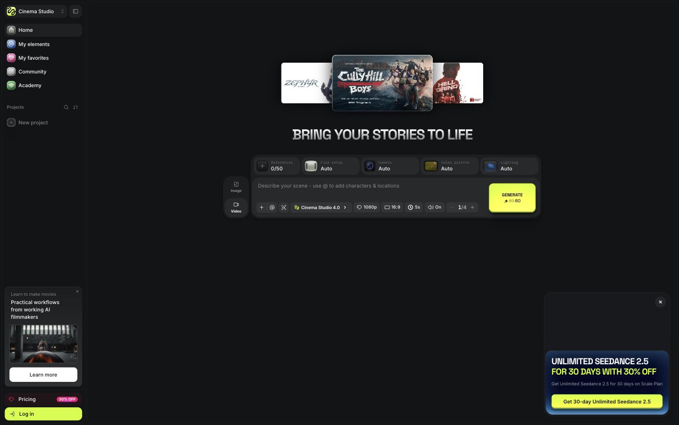 Higgsfield Cinema Studio 4.0 interface with camera, film setup, color palette and lighting controls
