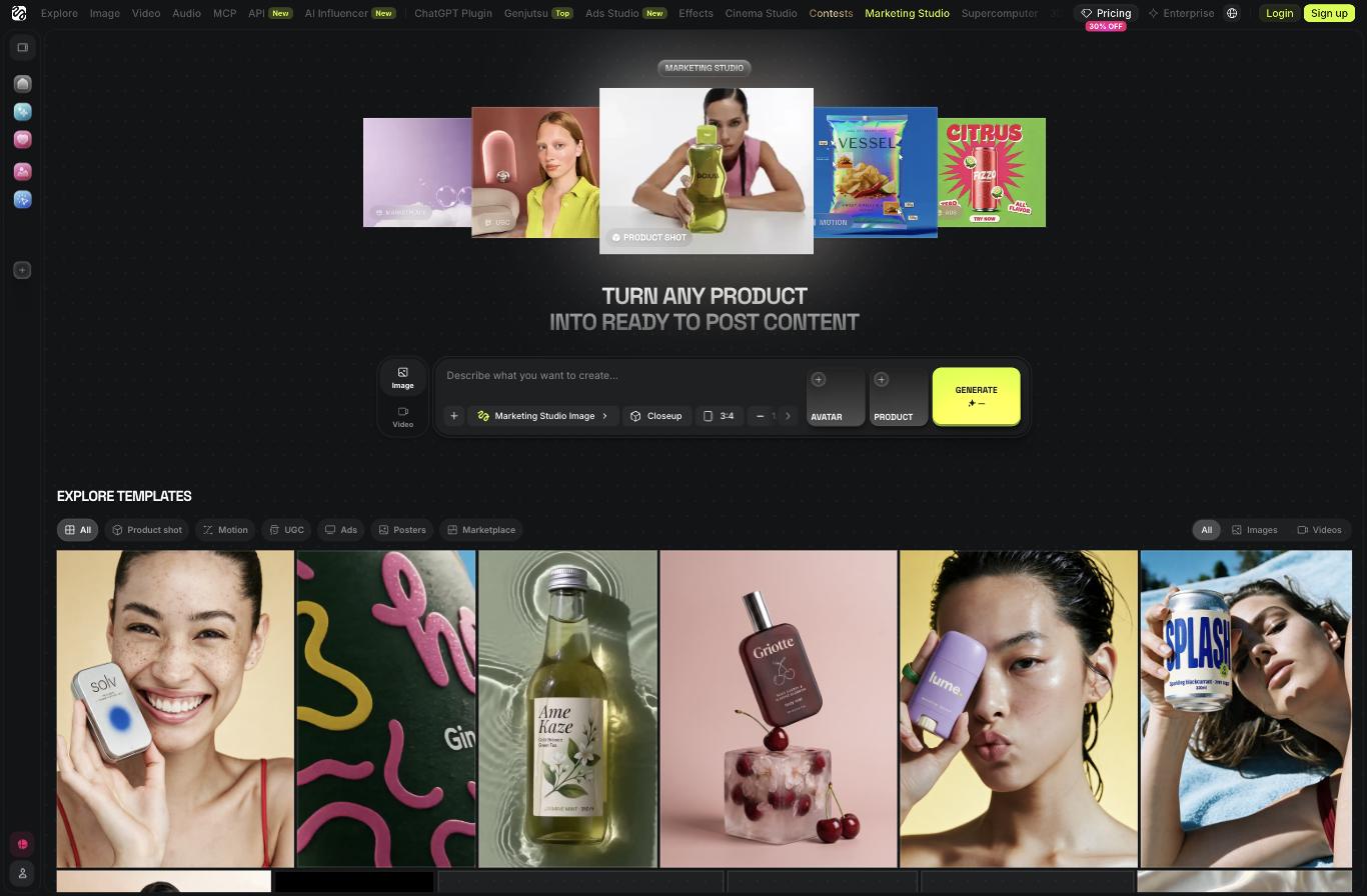 Higgsfield Marketing Studio templates for product shots, UGC and ads