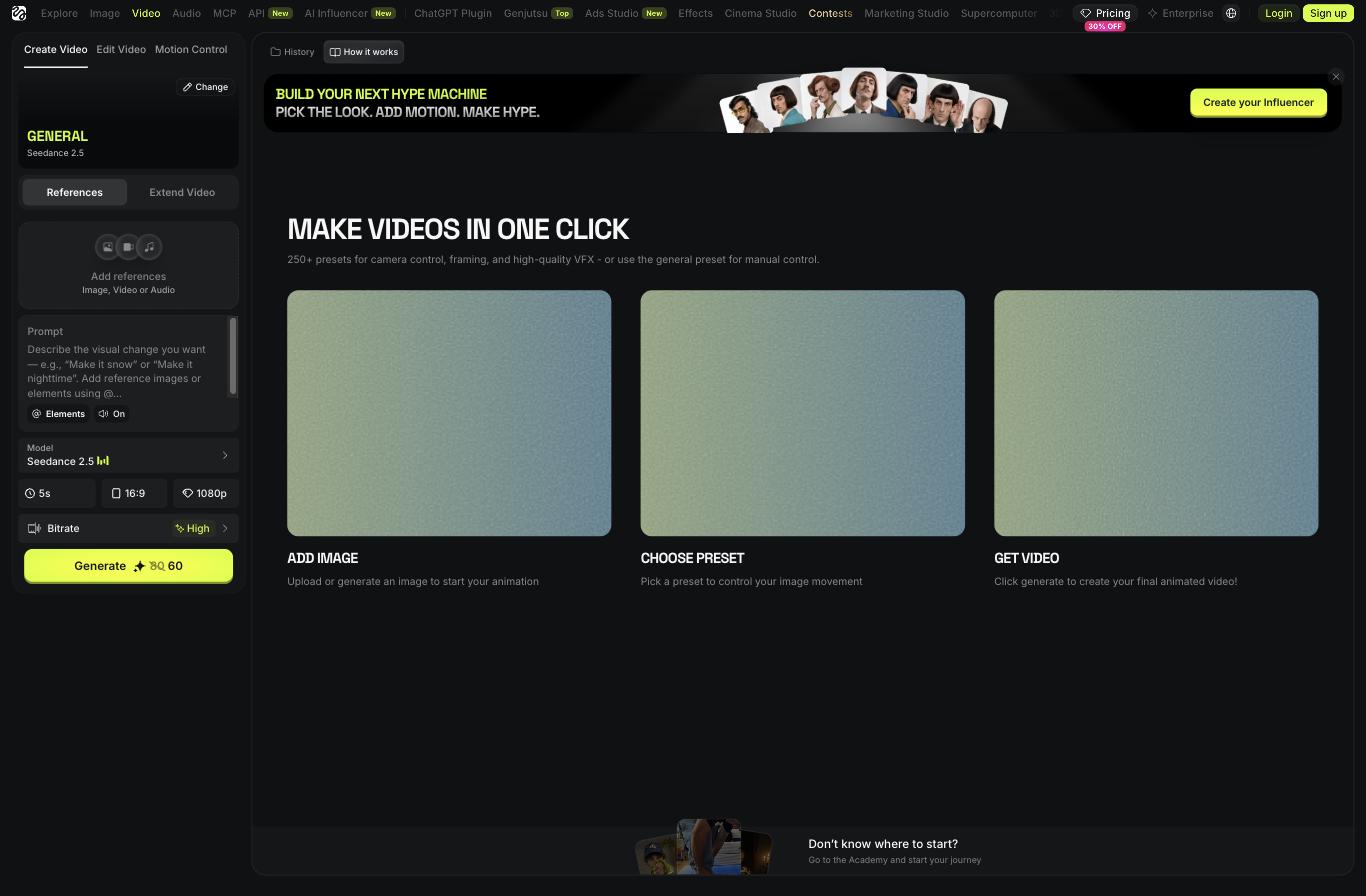 Higgsfield video generator with Seedance 2.5 and camera presets