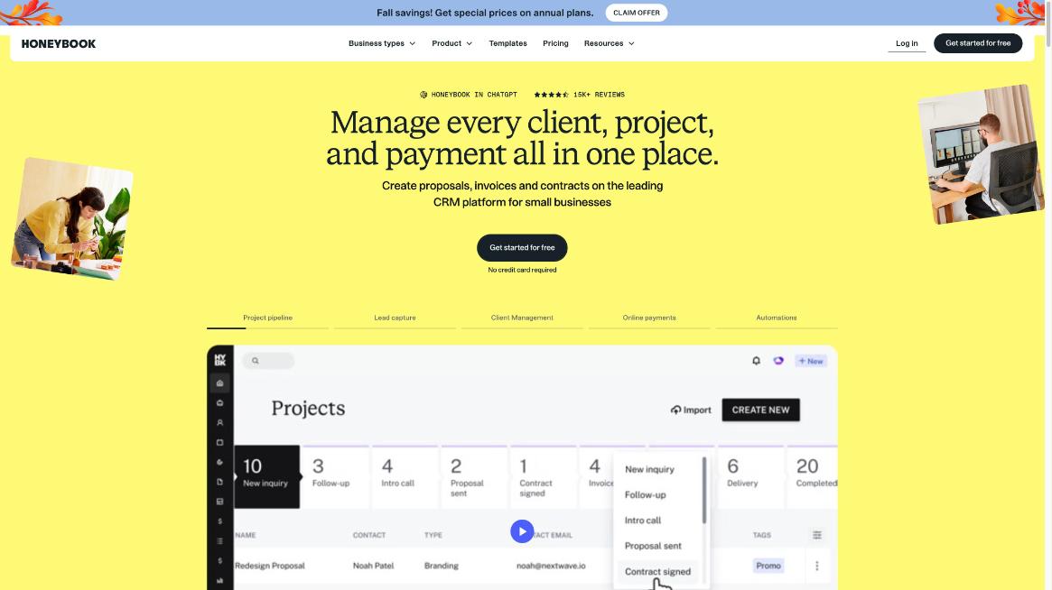 HoneyBook homepage showing the project pipeline with inquiry, follow-up, proposal sent and contract signed stages