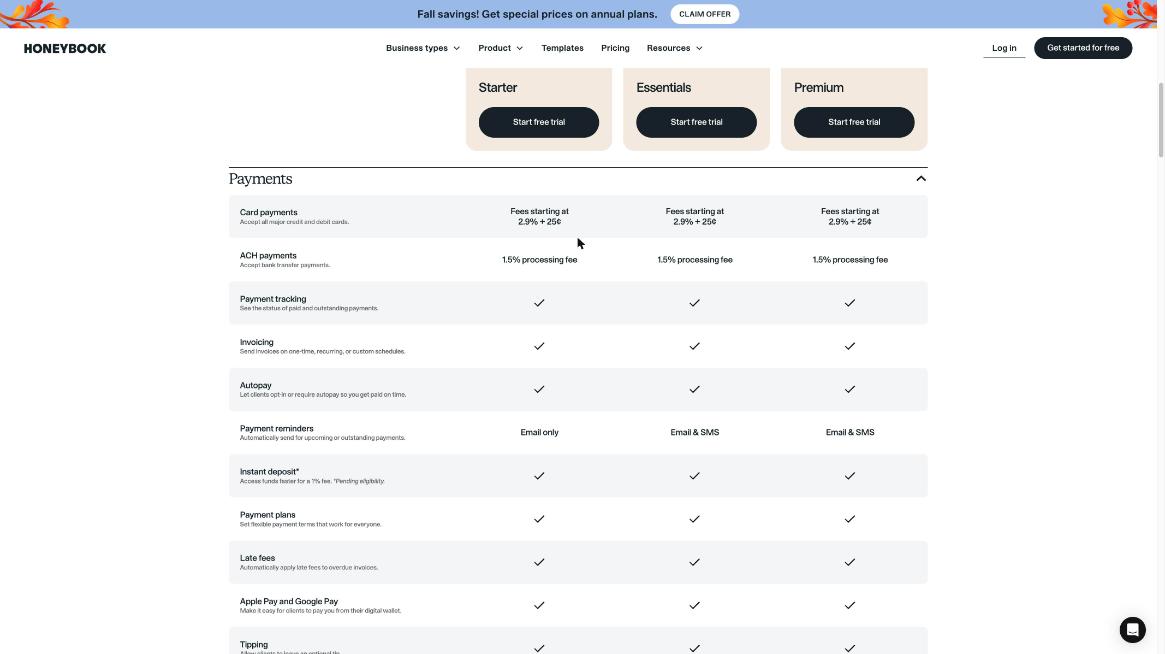 HoneyBook pricing comparison table showing card payment fees starting at 2.9 percent plus 25 cents and ACH at 1.5 percent