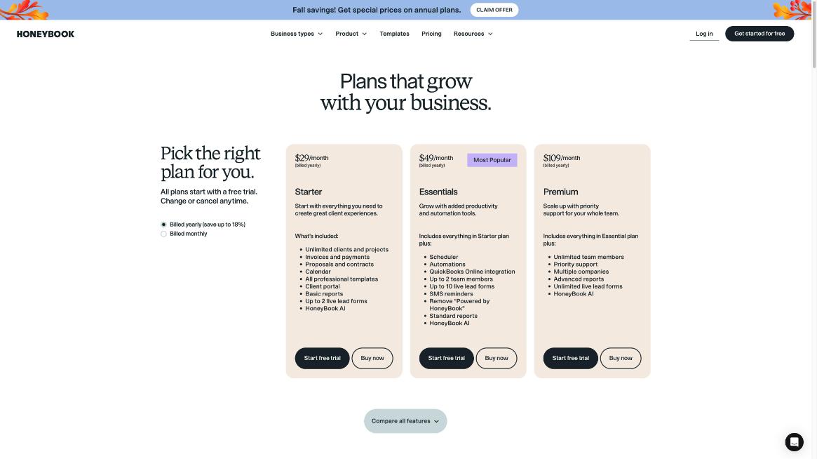 HoneyBook pricing page with Starter, Essentials and Premium plans on yearly billing