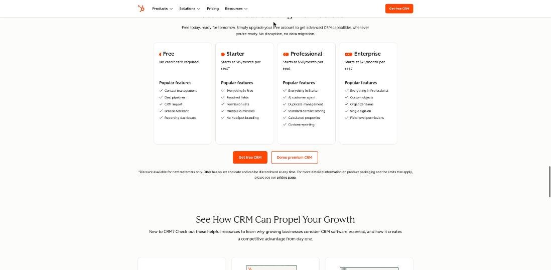 HubSpot CRM plans showing Free, Starter from $15, Professional from $50 and Enterprise from $75 per seat per month