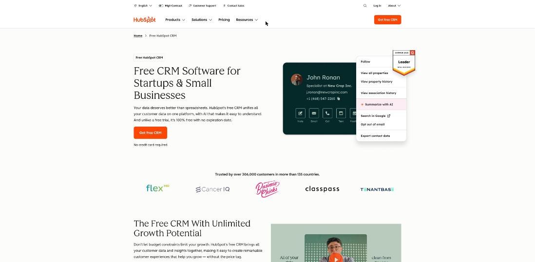 HubSpot free CRM product page describing the CRM as free with no expiration date and no credit card required