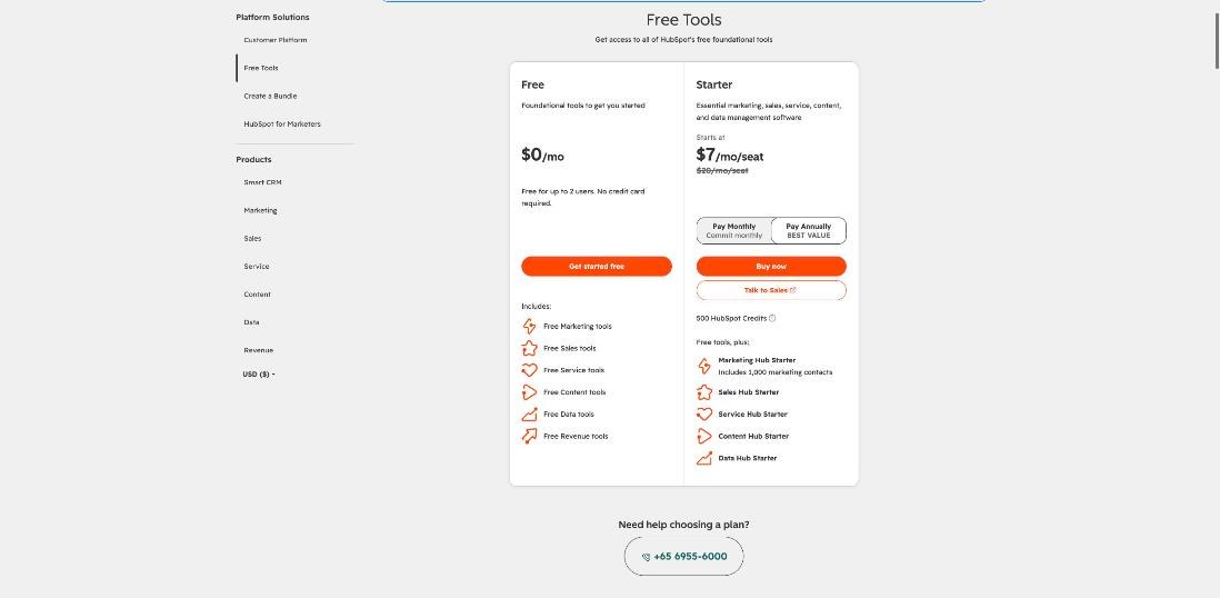 HubSpot pricing page comparing free tools at $0 for up to 2 users with the Starter bundle at a promotional per-seat price