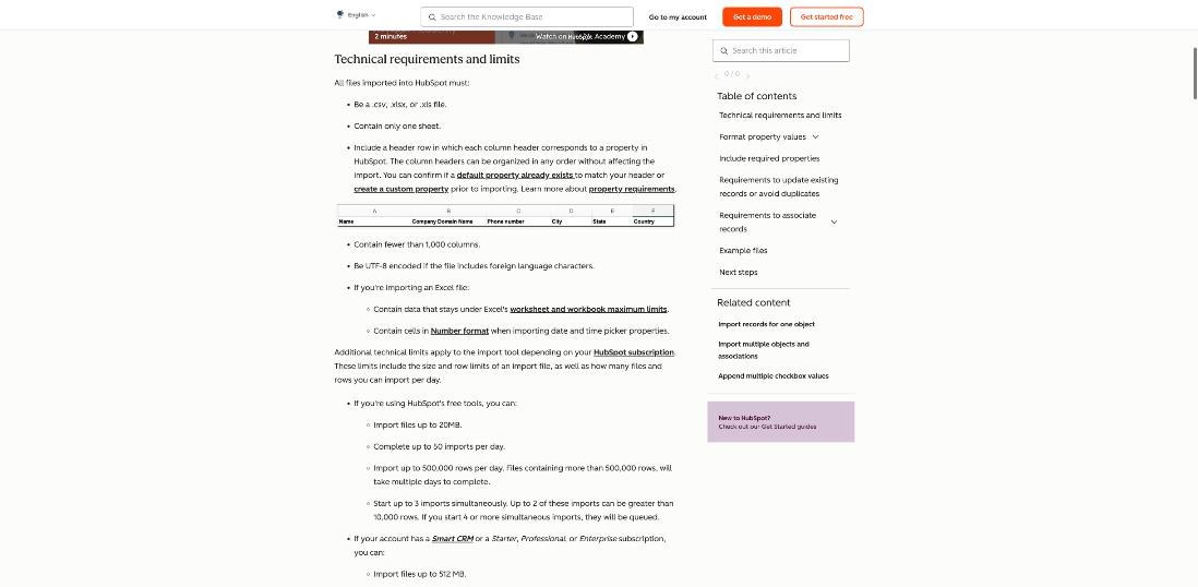 HubSpot knowledge base article listing import file requirements and limits for free tools, including 20MB files and 50 imports per day