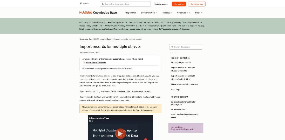 HubSpot knowledge base article explaining how to import records for multiple objects such as contacts, companies and deals