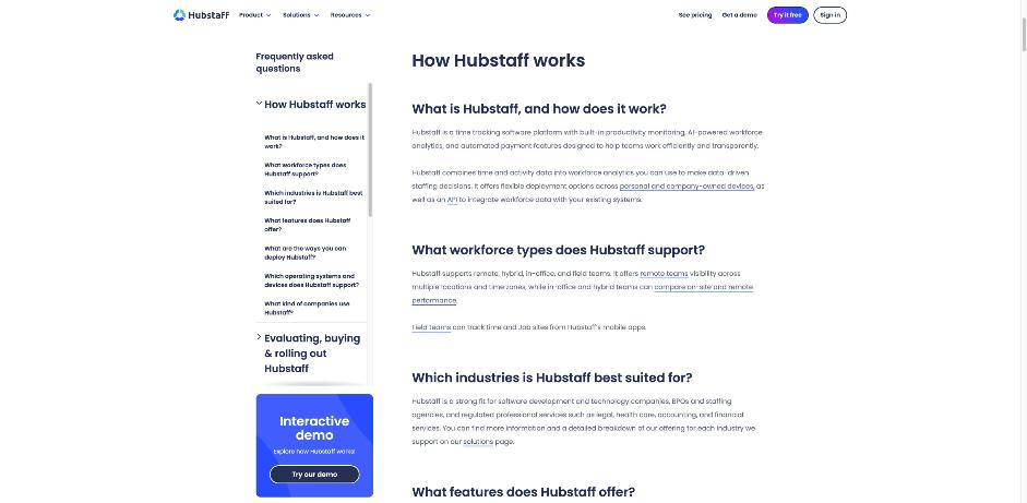Hubstaff FAQ page explaining how Hubstaff works and what it tracks