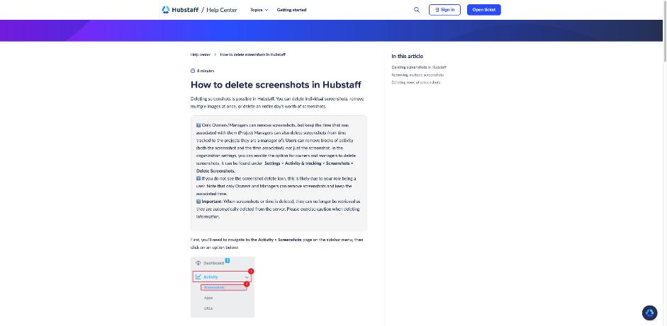 Hubstaff help center article explaining that users delete both screenshot and time while owners and managers can keep the time