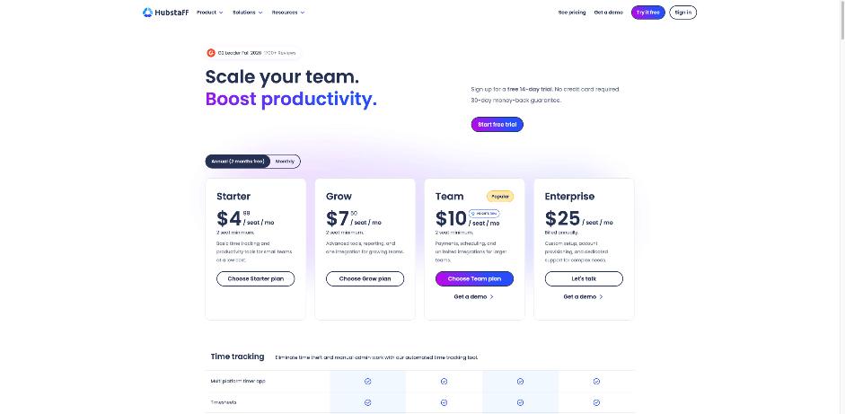 Hubstaff pricing plans Starter, Grow, Team and Enterprise with per seat monthly prices