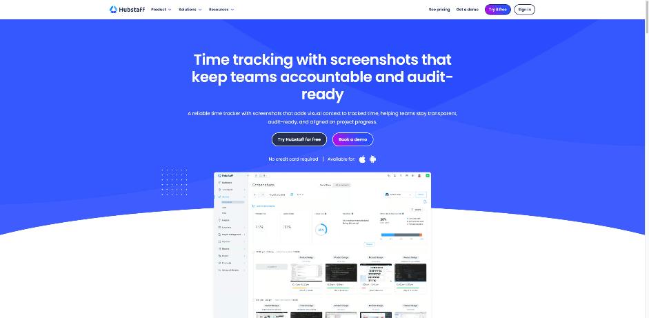 Hubstaff time tracking with screenshots feature page showing the screenshots dashboard