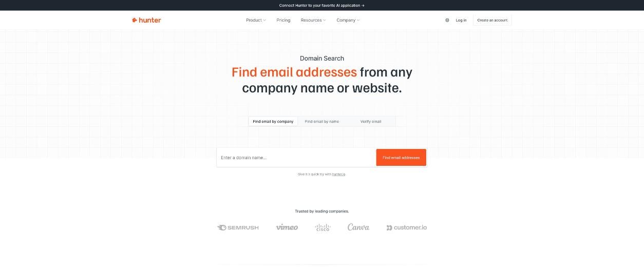 Hunter.io Domain Search page for finding email addresses from a company name or website